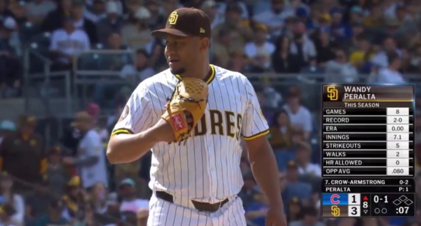 Padres announcer Mark Grant spotlighted Wandy Peralta's 0.00 ERA just before he allowed a home run. Photo Credit: Padres.TV
