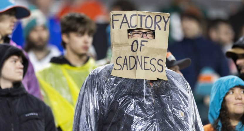 A Cleveland Browns fan wearing a paper bag during a December 29, 2024 game.