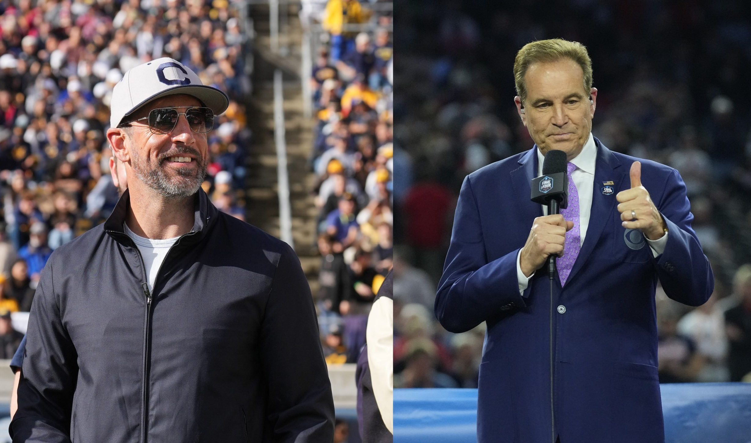 Should Aaron Rodgers sign with the Pittsburgh Steelers? Jim Nantz says yes. Photo Credits: Darren Yamashita-Imagn Images (Aaron Rodgers, left); Robert Deutsch-Imagn Images (Jim Nantz, right).