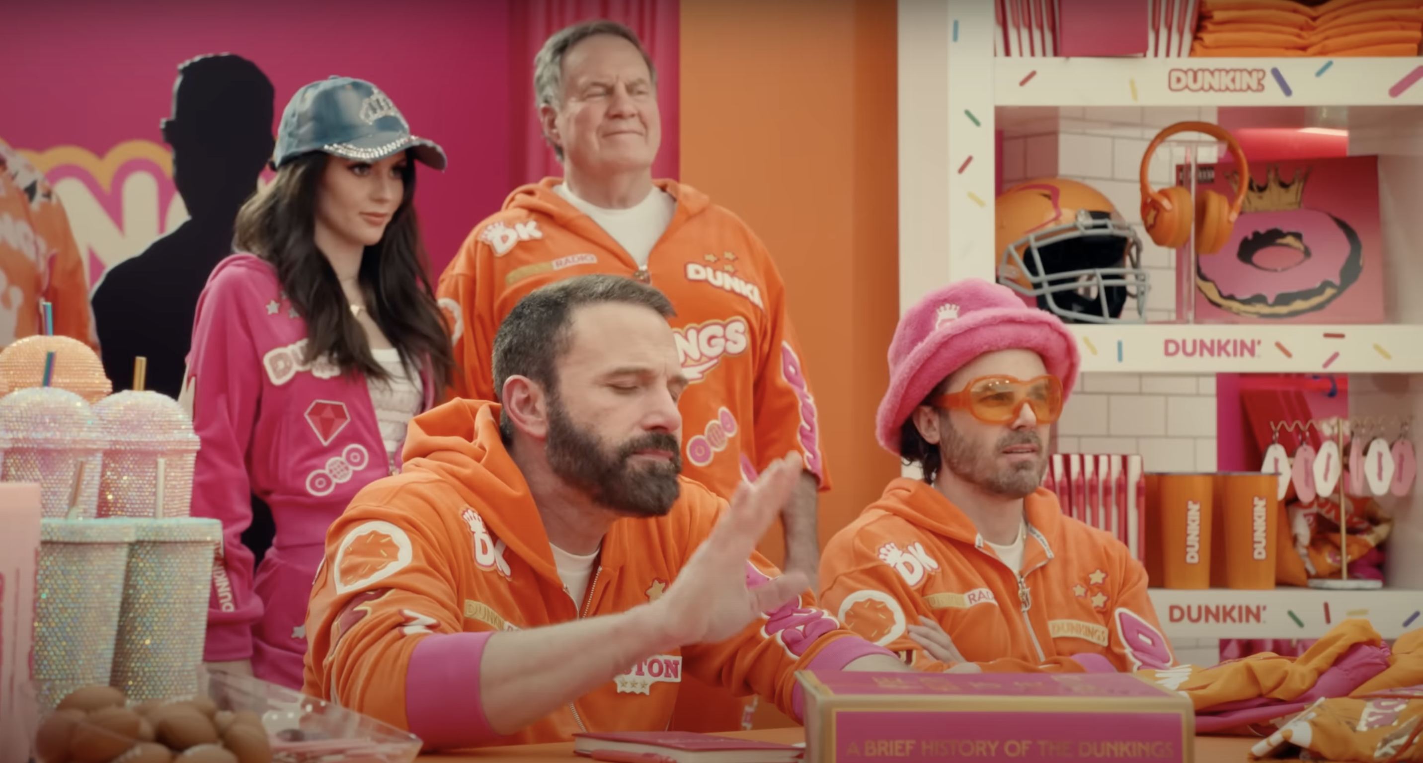 Jordon Hudson and Bill Belichick in a Dunkin' Super Bowl commercial