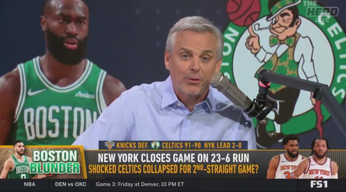 Colin Cowherd enjoyed seeing the Celtics collapse in Game 2 against the Knicks, calling it a win for "manalytics" over "math nerds." Photo Credit: FS1