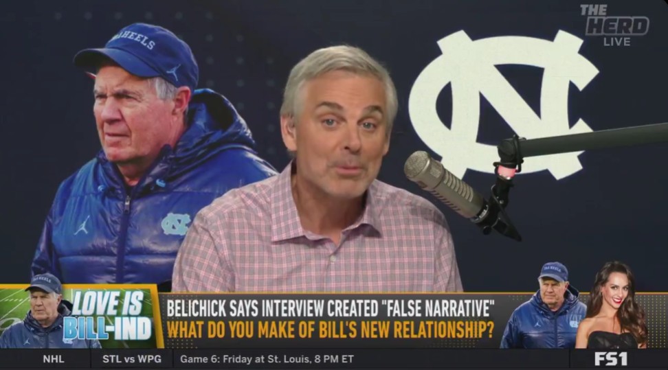 Colin Cowherd discusses the relationship between Bill Belichick and Jordon Hudson. Photo Credit: FS1/The Herd.