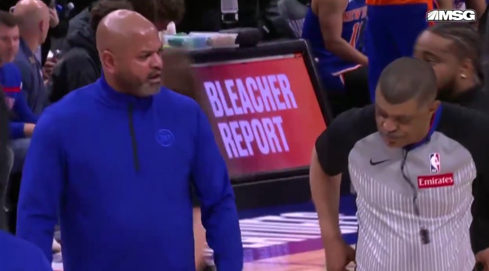 Detroit Pistons coach J. B. Bickerstaff argues with official Tony Brothers during Thursday night's playoff game between the Pistons and New York Knicks. Photo Credit: MSG