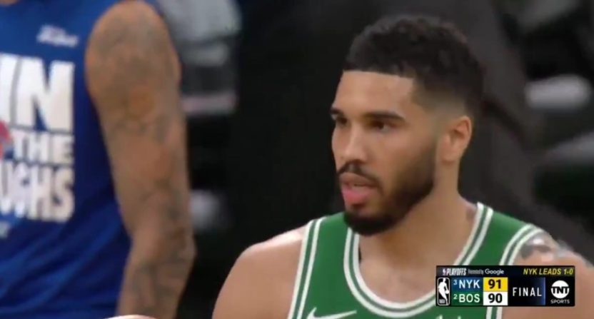 Jayson Tatum walks off the floor after the Celtics lose Game 2 of the NBA Playoff series against the Knicks. Like Game 1, the Celtics lost despite having a 20-point lead. Photo Credit: TNT