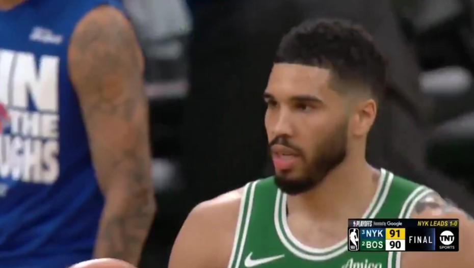 Jayson Tatum walks off the floor after the Celtics lose Game 2 of the NBA Playoff series against the Knicks. Like Game 1, the Celtics lost despite having a 20-point lead. Photo Credit: TNT