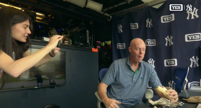 Jeff Nelson trying Austin Wells' new burrito added to the Yankee Stadium menu