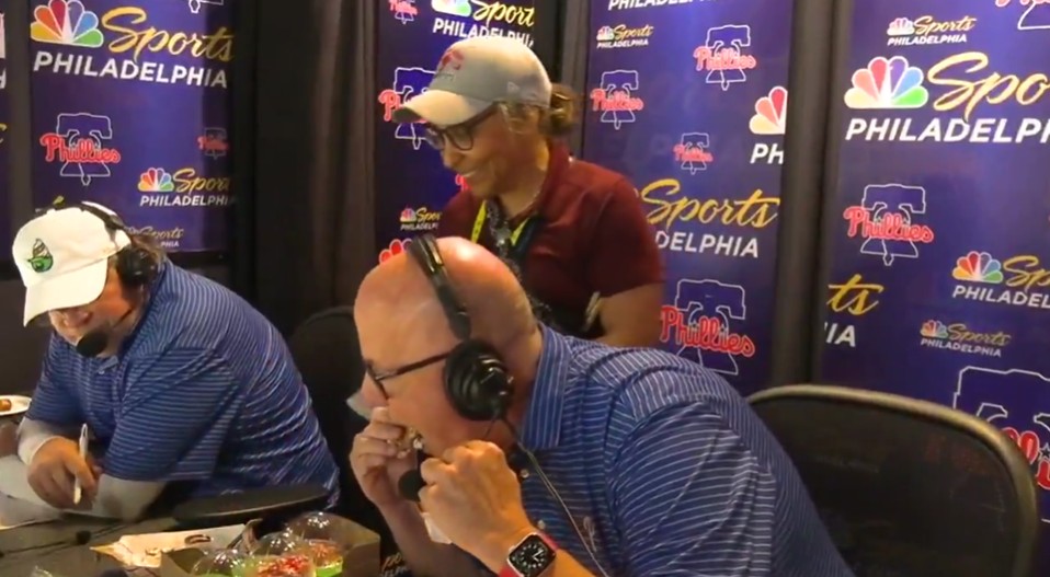John Kruk looks on while Tom McCarthy eats. Photo Credit: NBC Sports Philadelphia.