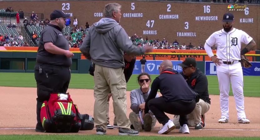 A Comerica Park grounds crew member flips off cameras. Photo Credit: NBC Sports Bay Area.
