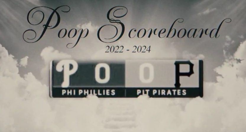 The "POOP" scorebug, now a thing of the past, was eulogized before Friday's Pirates-Phillies game by NBC Sports Philadelphia's Tom McCarthy. Photo Credit: NBC Sports Philadelphia.