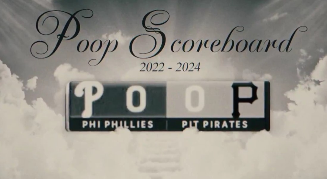 The "POOP" scorebug, now a thing of the past, was eulogized before Friday's Pirates-Phillies game by NBC Sports Philadelphia's Tom McCarthy. Photo Credit: NBC Sports Philadelphia.