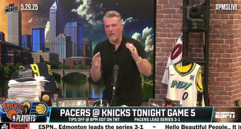 Pat McAfee discussing Ben Stiller's invite to go to Game 5 of the Knicks-Pacers Eastern Conference Finals. Photo Credit: ESPN