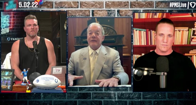 Pat McAfee has released a statement mourning his friend and former boss Jim Irsay, who passed away on Wednesday. Photo Credit: The Pat McAfee Show on YouTube.
