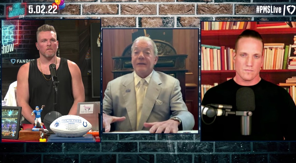 Pat McAfee has released a statement mourning his friend and former boss Jim Irsay, who passed away on Wednesday. Photo Credit: The Pat McAfee Show on YouTube.
