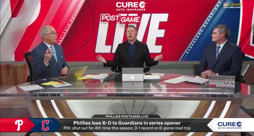 Michael Barkann and Ricky Bottalico debate whether travel was a factor in the Phillies loss to the Guardians. Photo Credit: NBC Sports Philadelphia/Phillies Postgame Live