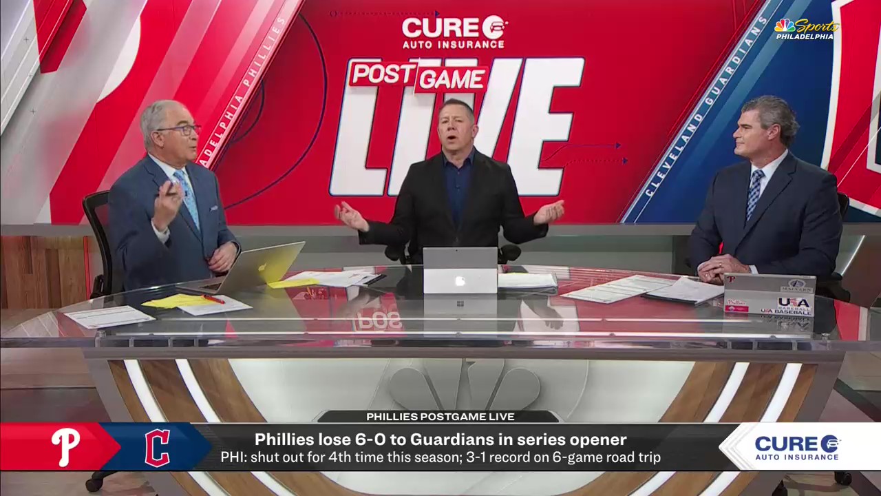 Michael Barkann and Ricky Bottalico debate whether travel was a factor in the Phillies loss to the Guardians. Photo Credit: NBC Sports Philadelphia/Phillies Postgame Live