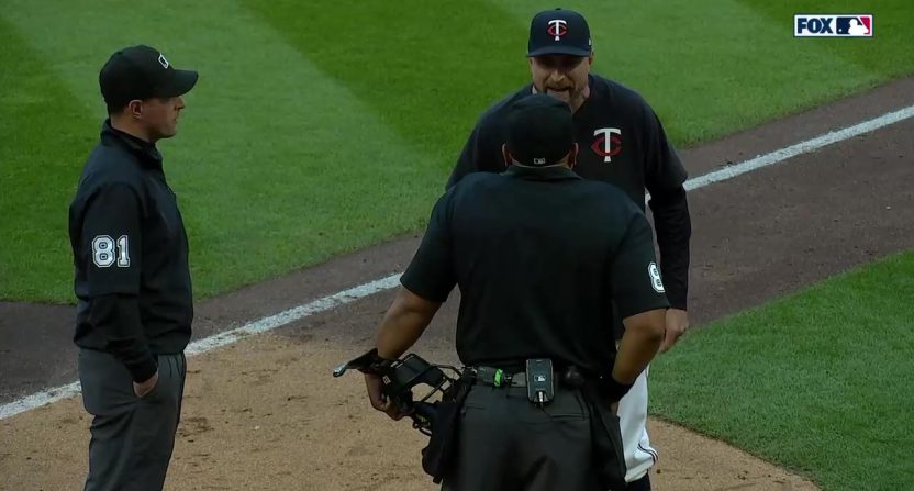 MLB on Fox announcers Jason Benetti and Tom Verducci starred during and after a sequence where Twins manager Rocco Baldelli was ejected. Photo Credit: Fox