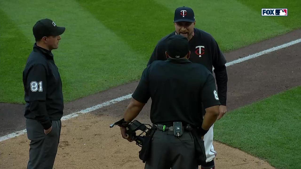 MLB on Fox announcers Jason Benetti and Tom Verducci starred during and after a sequence where Twins manager Rocco Baldelli was ejected. Photo Credit: Fox