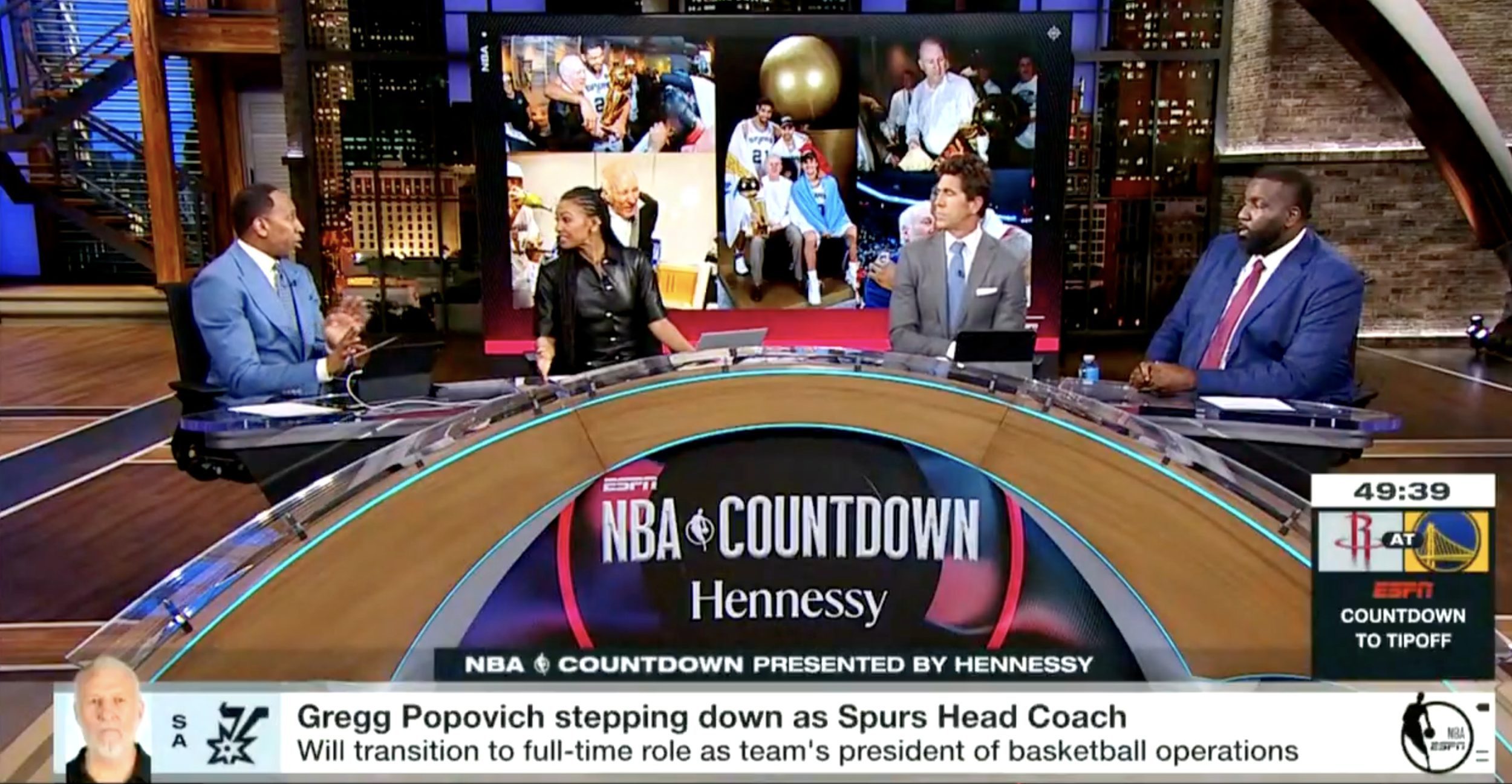Stephen A. Smith, Malika Andrews, Bob Myers and Kendrick Perkins on "NBA Countdown."