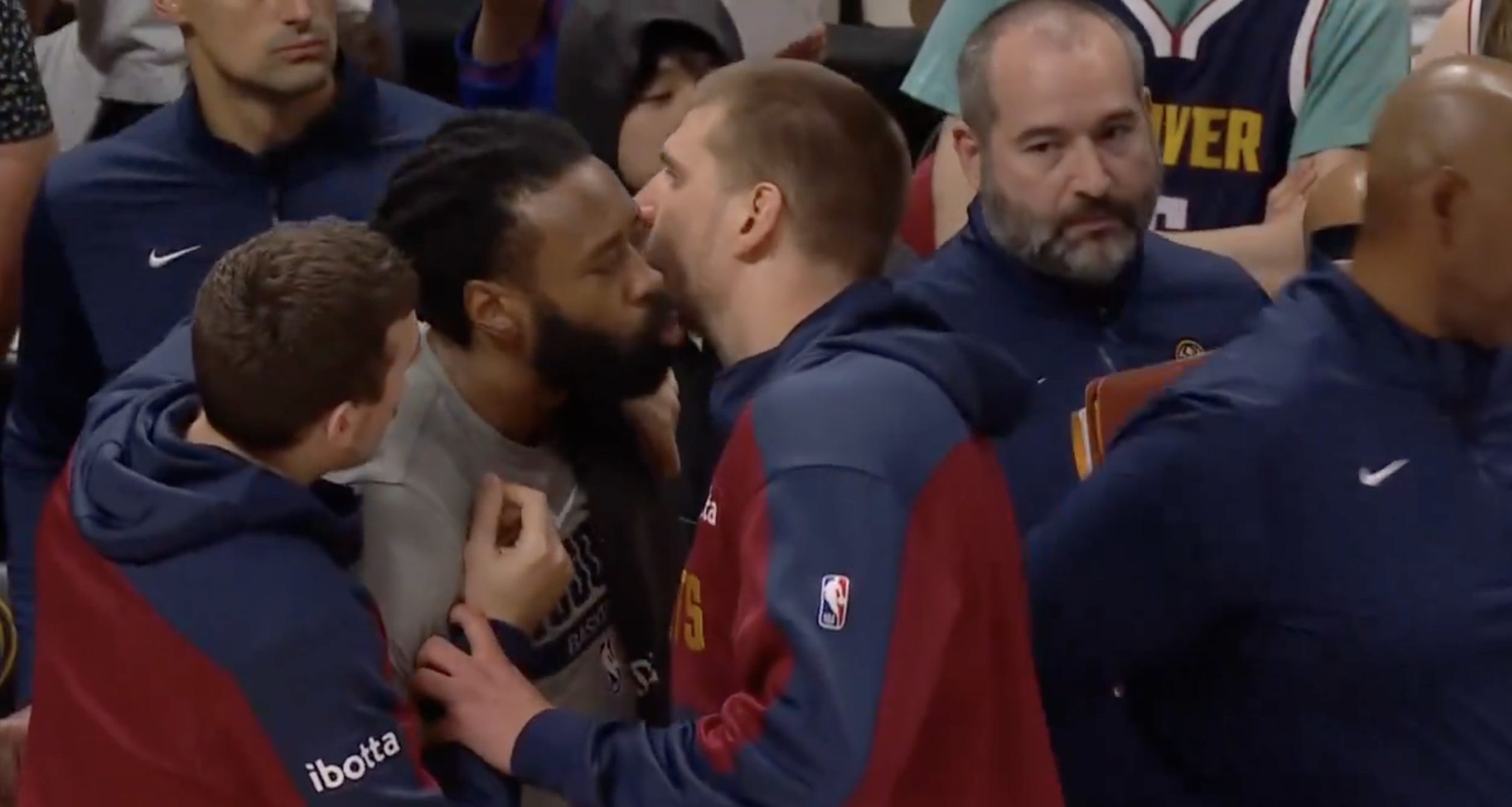 Nikola Jokić kissing DeAndre Jordan on the NBA on TNT