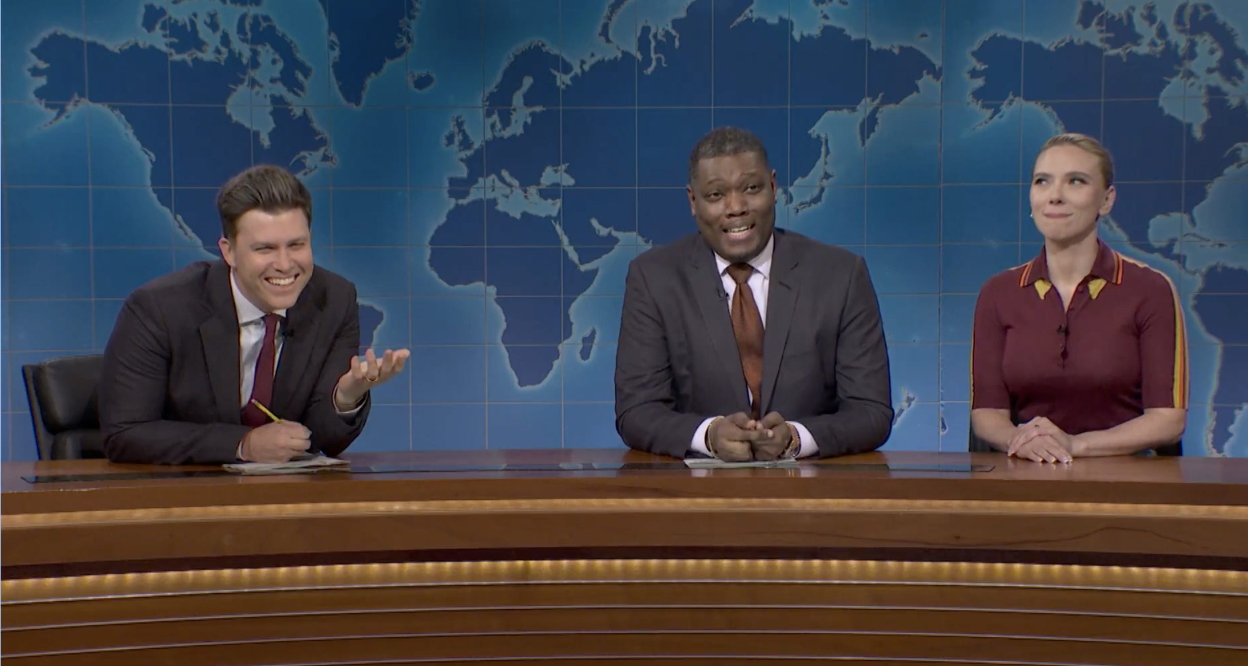 Colin Jost, Michael Che and Scarlett Johansson on SNL.