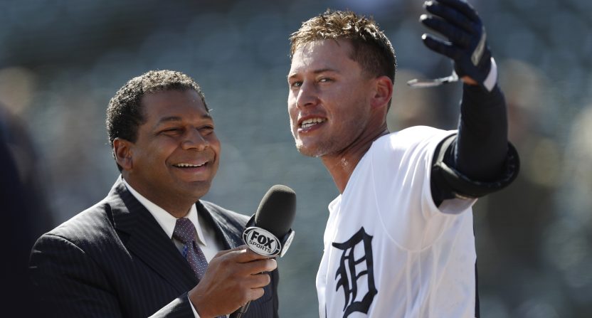 Apr 20, 2018; Detroit, MI, USA; Detroit Tigers center fielder JaCoby Jones (21) does an interview after the game with Trevor Thompson after hitting a walk off solo home run to beat the Kansas City Royals at Comerica Park. Mandatory Credit: Raj Mehta-USA TODAY Sports