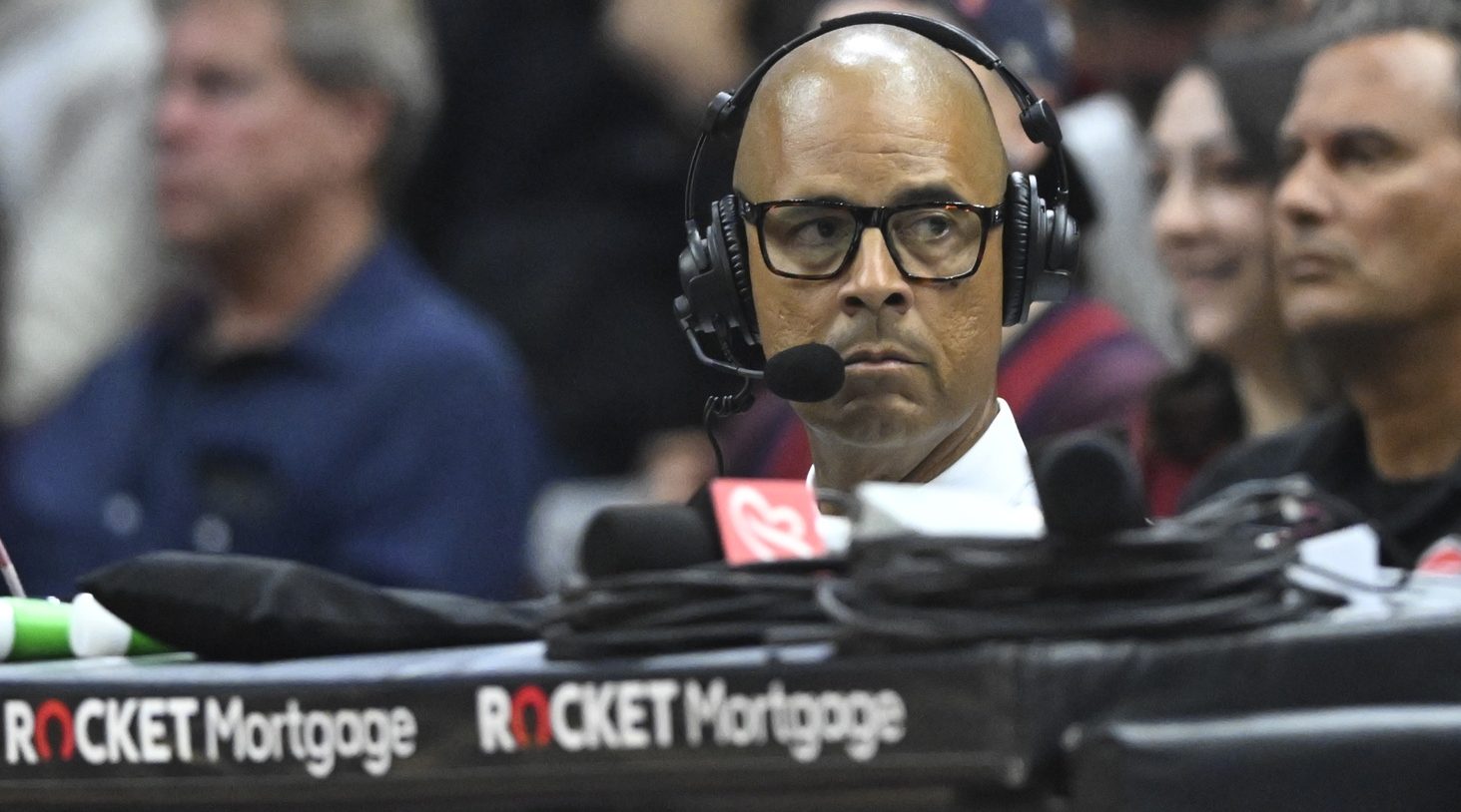 Nov 19, 2023; Cleveland, Ohio, USA; Former Cleveland Cavaliers center Brad Daugherty sits court side in the second quarter of a game between the Cavaliers and the Denver Nuggets at Rocket Mortgage FieldHouse. Mandatory Credit: David Richard-USA TODAY Sports
