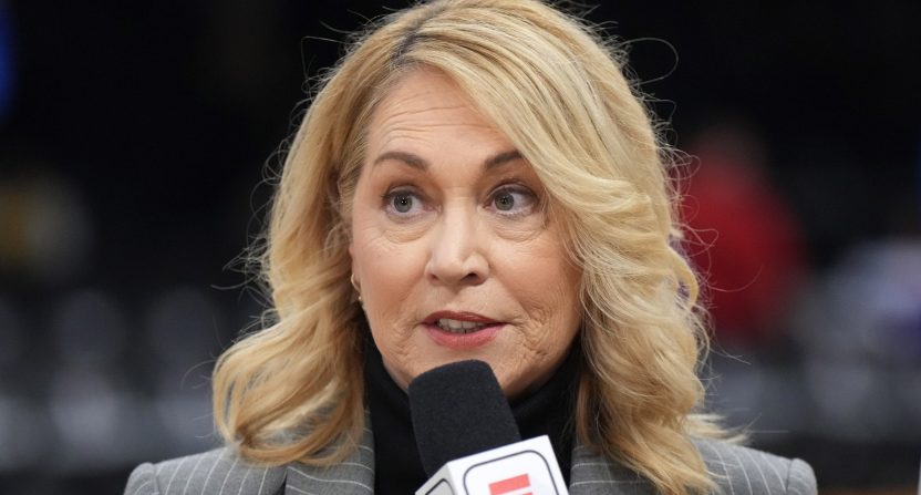 Jan 17, 2024; Los Angeles, California, USA; ESPN analyst Doris Burke during the game between the Los Angeles Lakers and the Dallas Mavericks at Crypto.com Arena. Mandatory Credit: Kirby Lee-USA TODAY Sports