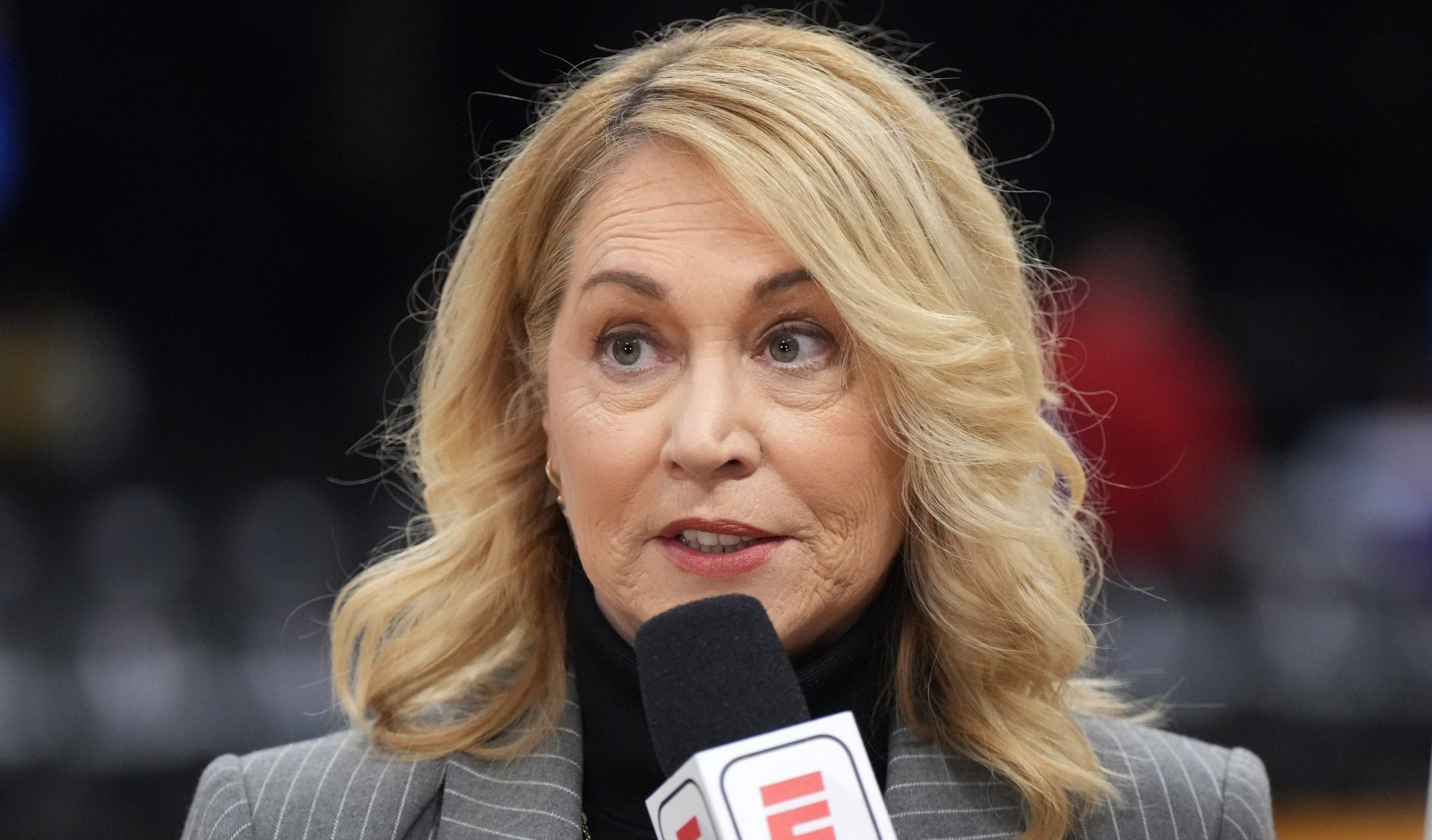 Jan 17, 2024; Los Angeles, California, USA; ESPN analyst Doris Burke during the game between the Los Angeles Lakers and the Dallas Mavericks at Crypto.com Arena. Mandatory Credit: Kirby Lee-USA TODAY Sports