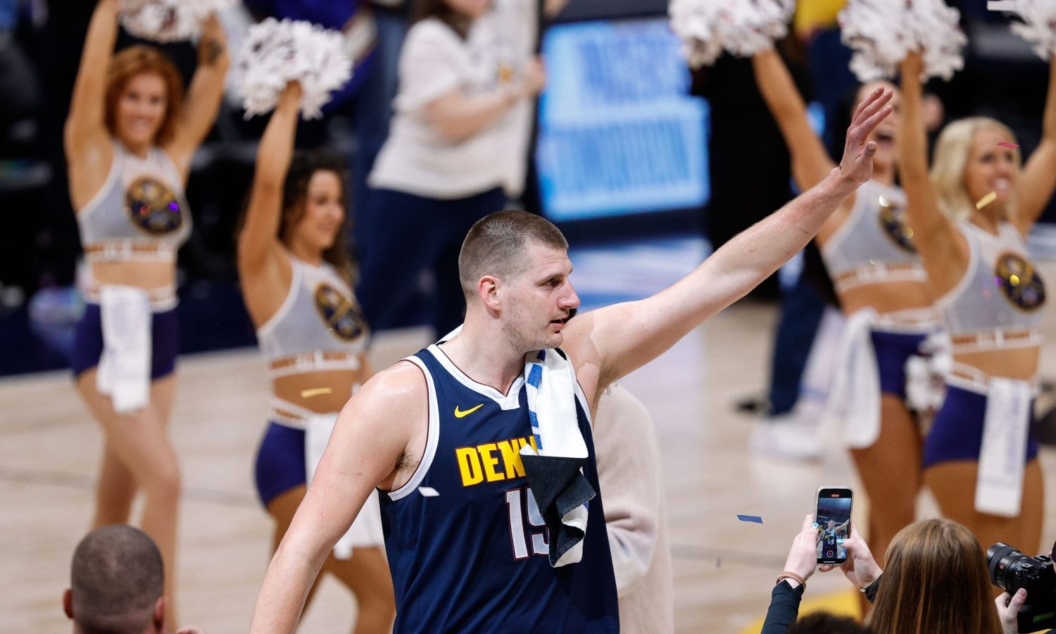 Apr 29, 2024; Denver, Colorado, USA; Denver Nuggets center Nikola Jokic (15) waves after the game against the Los Angeles Lakers in game five of the first round for the 2024 NBA playoffs at Ball Arena.