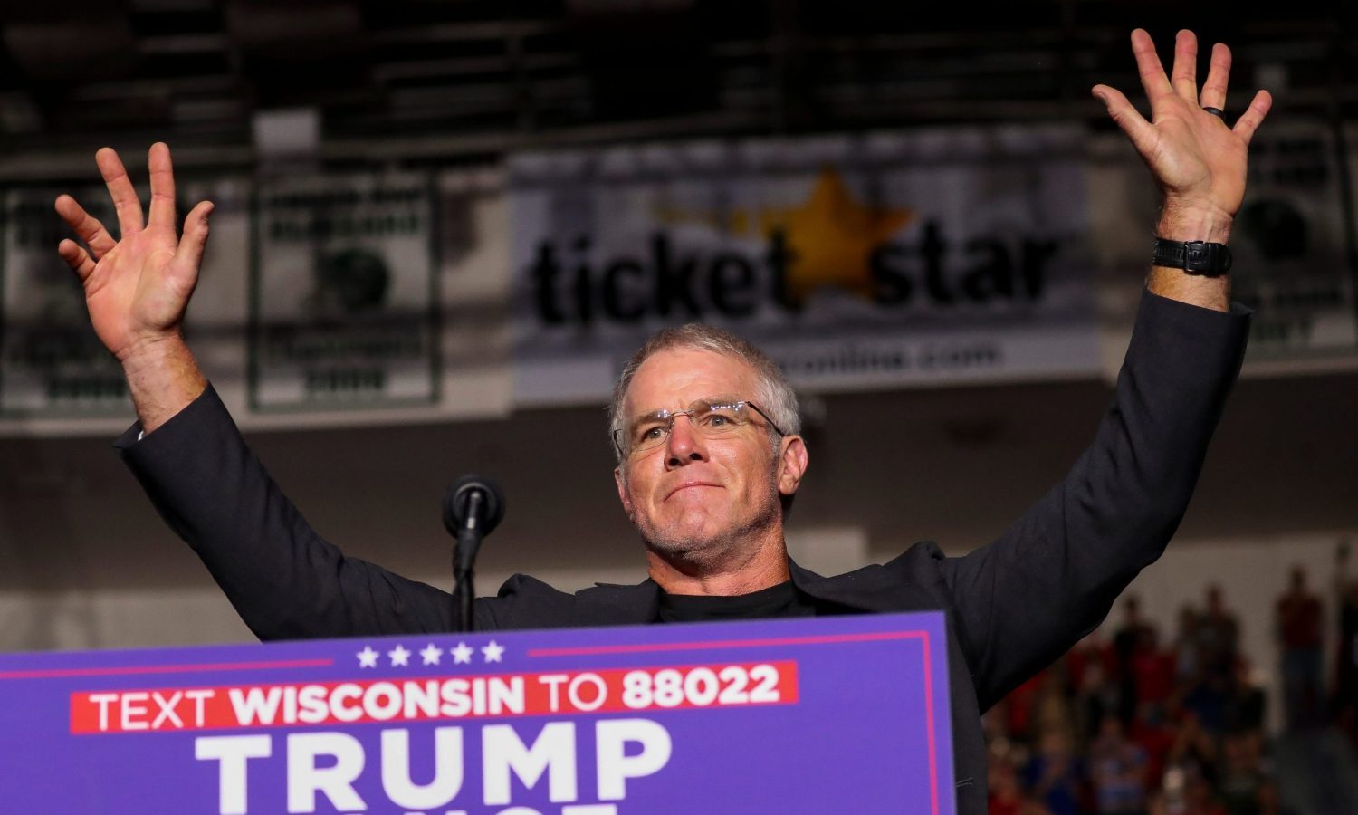 Former Green Bay Packers quarterback Brett Favre speaks during a campaign rally for Republican presidential nominee Donald Trump on Wednesday, October 30, 2024, at the Resch Center in Ashwaubenon, Wis.