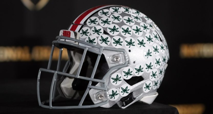 Jan 19, 2025; Atlanta, GA, USA; An Ohio State Buckeyes helmet at College Football Playoff National Championship press conference at The Westin Peachtree Plaza, Savannah Ballroom. Mandatory Credit: Kirby Lee-Imagn Images