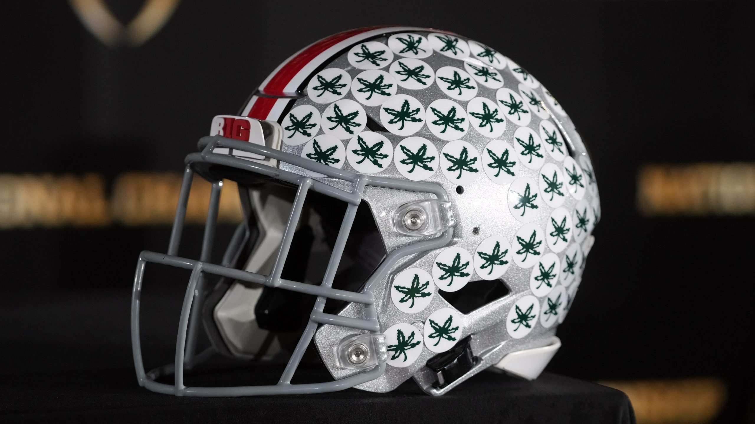 Jan 19, 2025; Atlanta, GA, USA; An Ohio State Buckeyes helmet at College Football Playoff National Championship press conference at The Westin Peachtree Plaza, Savannah Ballroom. Mandatory Credit: Kirby Lee-Imagn Images