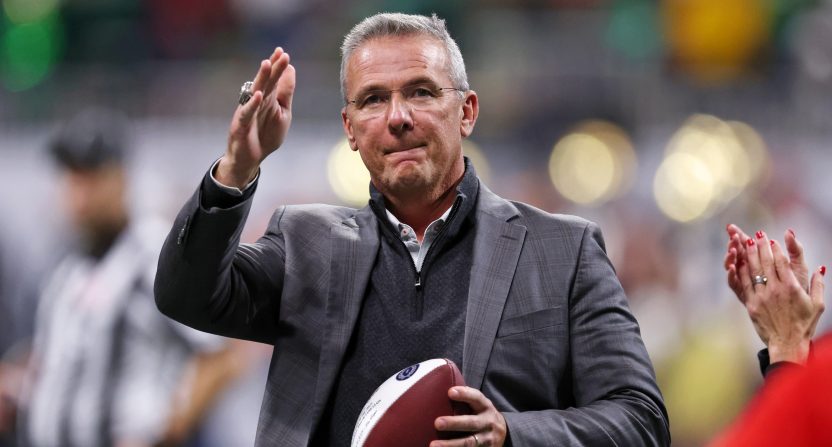 Jan 20, 2025; Atlanta, GA, USA; Urban Meyer looks on during the second half the CFP National Championship college football game at Mercedes-Benz Stadium. Mandatory Credit: Brett Davis-Imagn Images