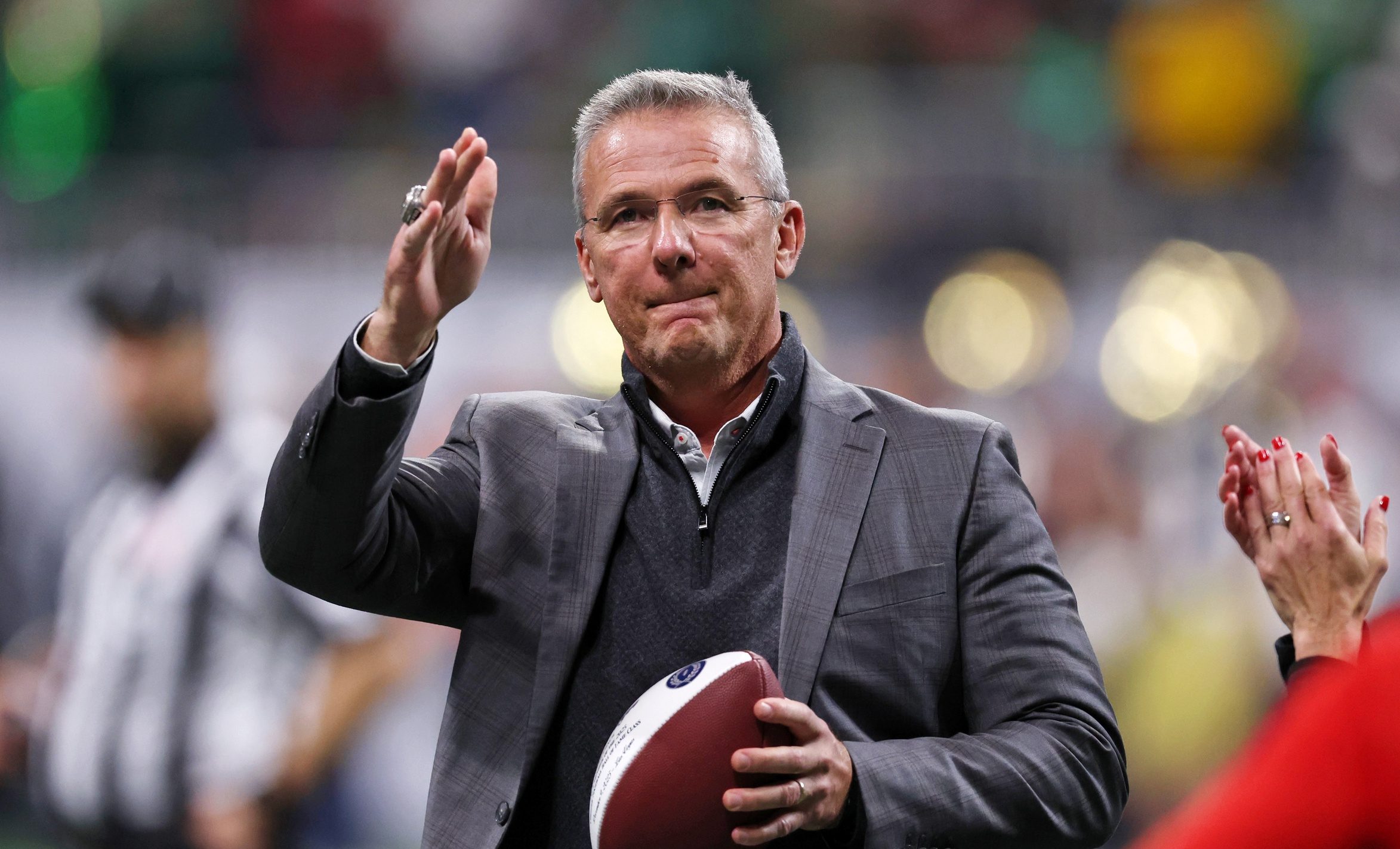 Jan 20, 2025; Atlanta, GA, USA; Urban Meyer looks on during the second half the CFP National Championship college football game at Mercedes-Benz Stadium. Mandatory Credit: Brett Davis-Imagn Images