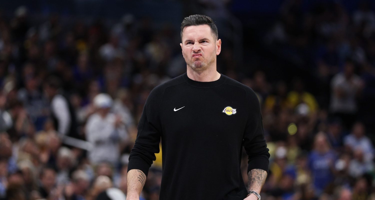 Mar 24, 2025; Orlando, Florida, USA; Los Angeles Lakers head coach JJ Redick looks on against the Orlando Magic in the second quarter at Kia Center.