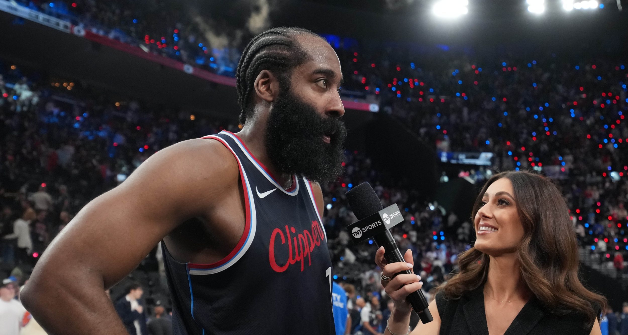 May 1, 2025; Inglewood, California, USA; NBA on TNT reporter Lauren Jbara (right) interviews LA Clippers guard James Harden (1) after game six of first round for the 2025 NBA Playoffs against the Denver Nuggets at Intuit Dome. Mandatory