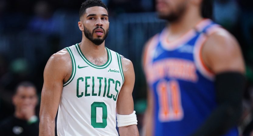 May 5, 2025; Boston, Massachusetts, USA; Boston Celtics forward Jayson Tatum (0) on the court against the New York Knicks in the third quarter during game one of the second round for the 2025 NBA Playoffs at TD Garden. Mandatory Credit: David Butler II-Imagn Images