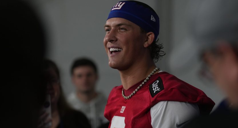 Eat Rutherford, NJ -- May 9, 2025 -- Jaxson Dart talks to the media following practice at Giants Rookie Minicamp.