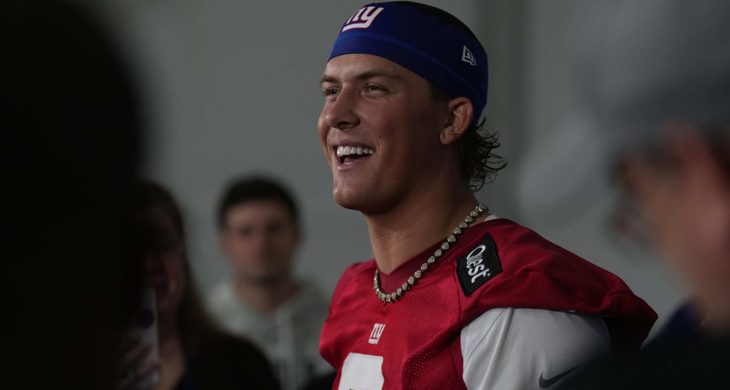Eat Rutherford, NJ -- May 9, 2025 -- Jaxson Dart talks to the media following practice at Giants Rookie Minicamp.
