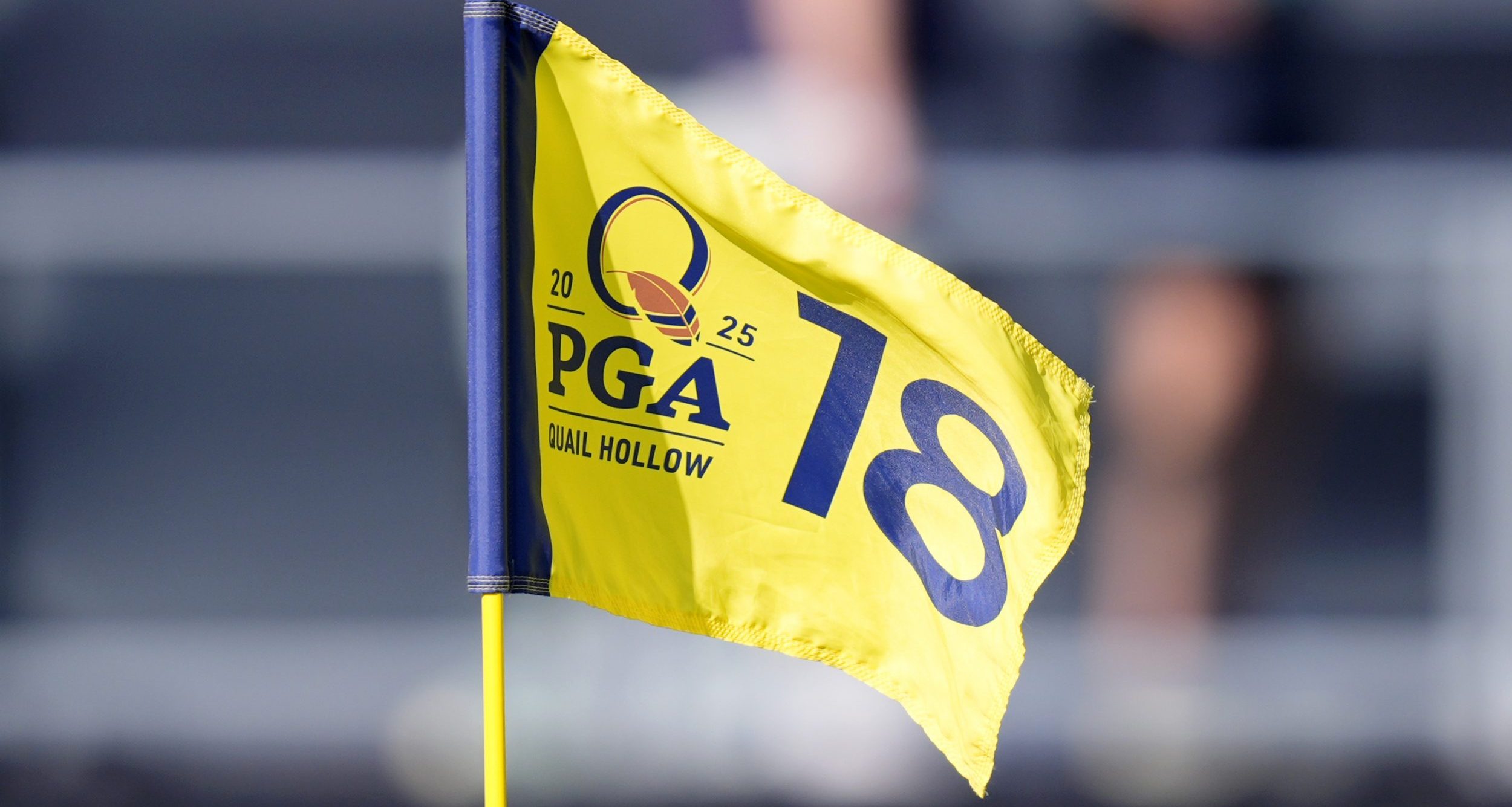 A detail view of of the pin flag for the 18th hole during the third round of the PGA Championship