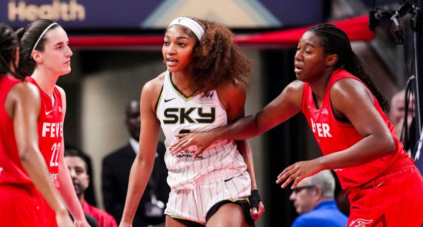 Chicago Sky forward Angel Reese (5) reacts to a flagrant foul from Indiana Fever guard Caitlin Clark (22) on Saturday, May 17, 2025, during a game between the Indiana Fever and the Chicago Sky at Gainbridge Fieldhouse in Indianapolis.
