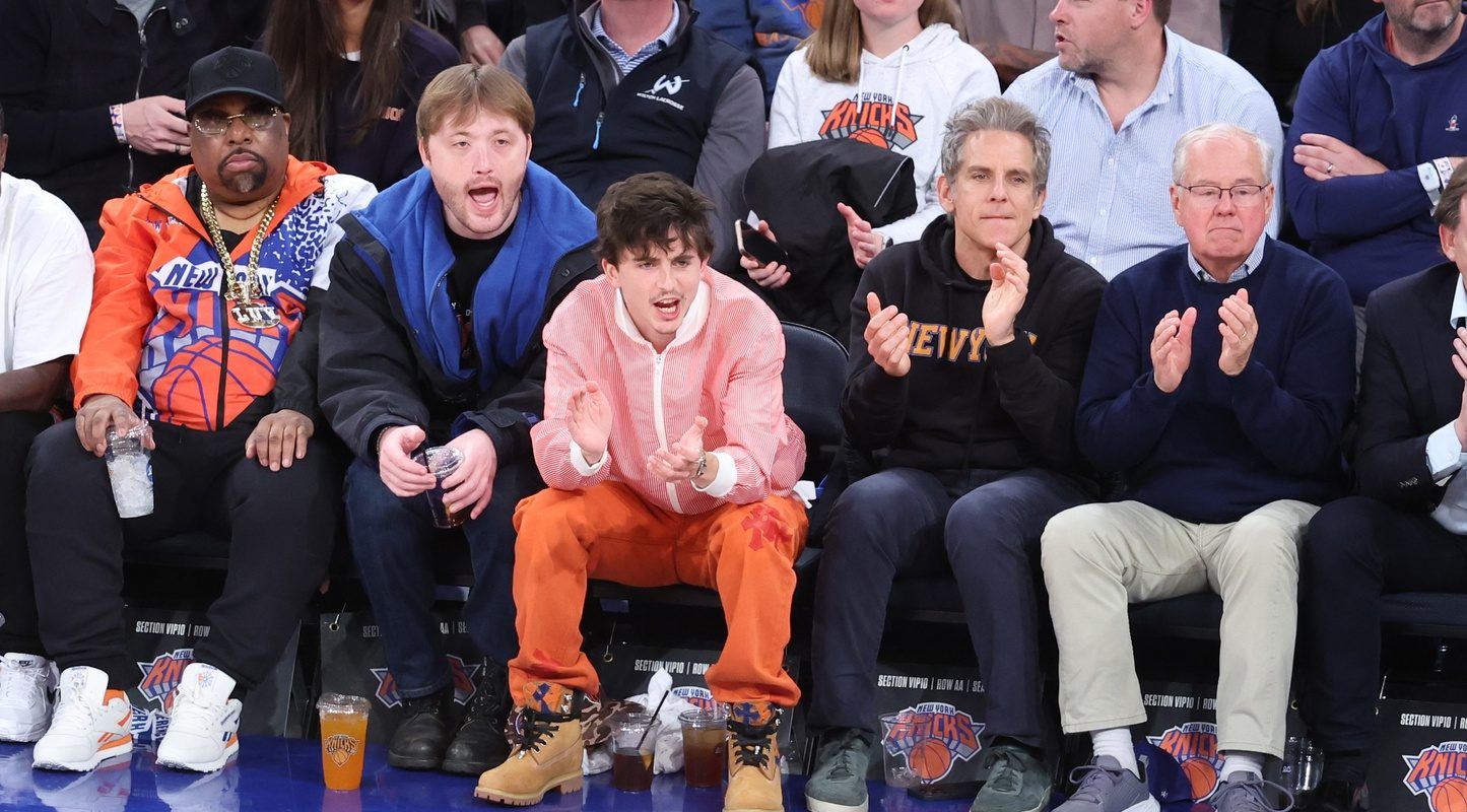 Timothee Chalamet sits with Ben Stiller in the fourth quarter between the Indiana Pacers and the New York Knicksand during game one of the eastern conference finals for the 2025 NBA Playoffs at Madison Square Garden.