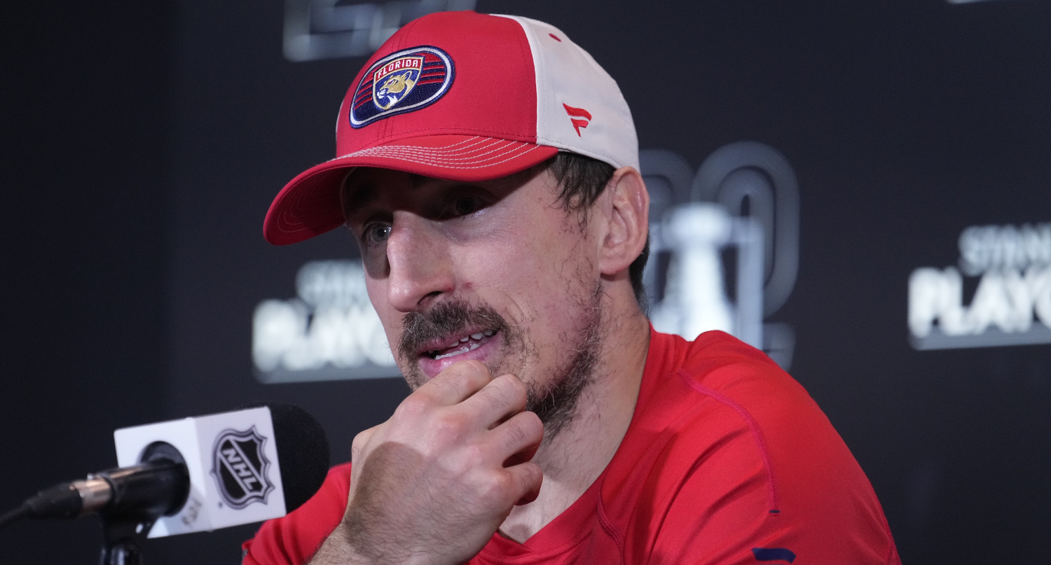 Brad Marchand at a postgame press conference on May 18, 2025.