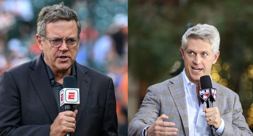 Buster Olney criticized Orioles GM Mike Elias on Tuesday for waiting several days to talk to the media after manager Brandon Hyde was fired. Photo Credits: Reggie Hildred-Imagn Images (Buster Olney, left); Tim Heitman-Imagn Images (Mike Elias, right).