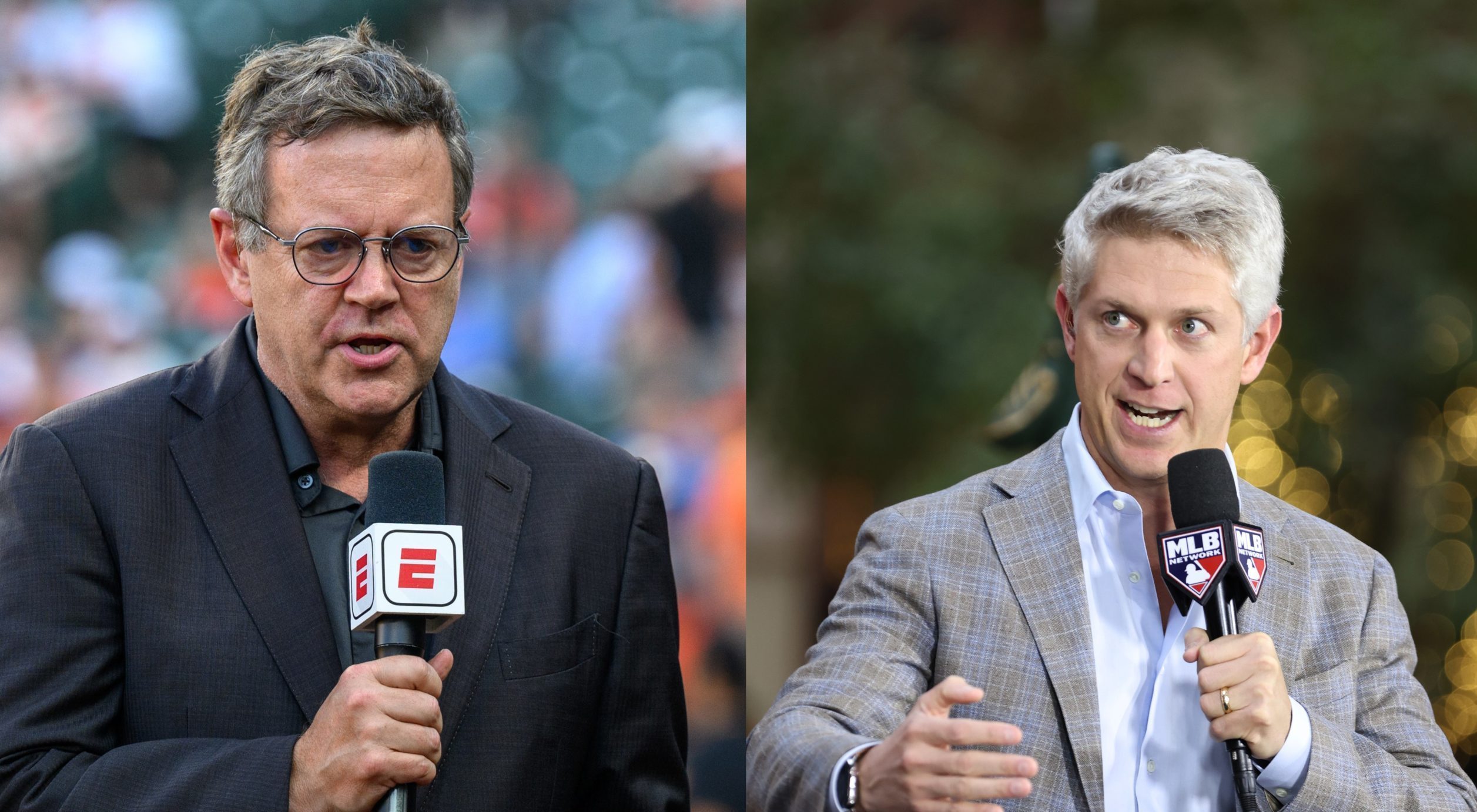 Buster Olney criticized Orioles GM Mike Elias on Tuesday for waiting several days to talk to the media after manager Brandon Hyde was fired. Photo Credits: Reggie Hildred-Imagn Images (Buster Olney, left); Tim Heitman-Imagn Images (Mike Elias, right).