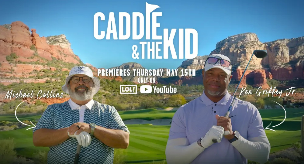 A graphic for "Caddie & The Kid," with Michael Collins and Ken Griffey Jr.