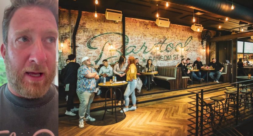 Dave Portnoy and an image of Barstool Sports' Philadelphia bar, Barstool Sansom Street.