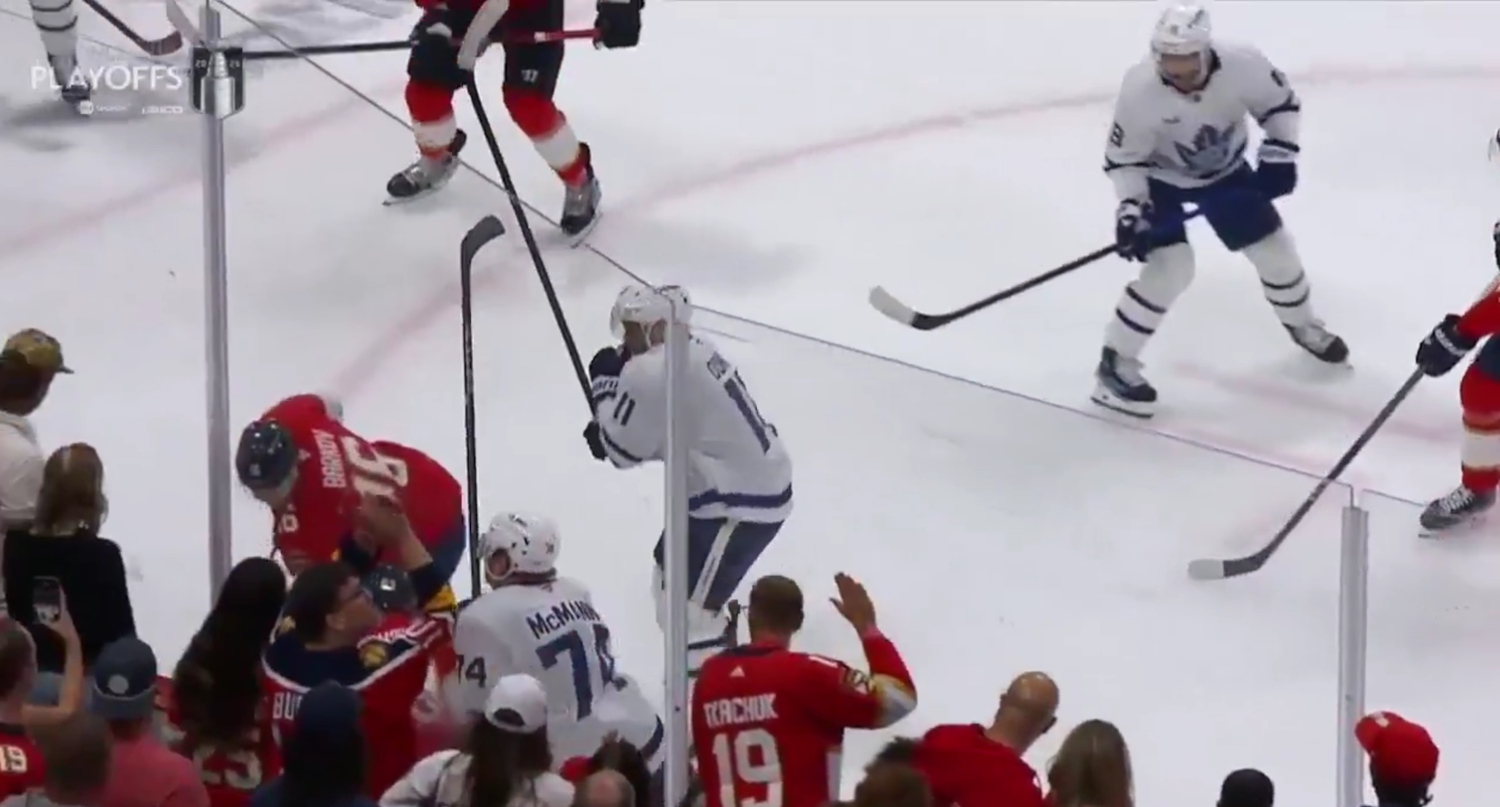Max Domi hits Aleksander Barkov in Game 4 of Maple Leafs-Panthers.