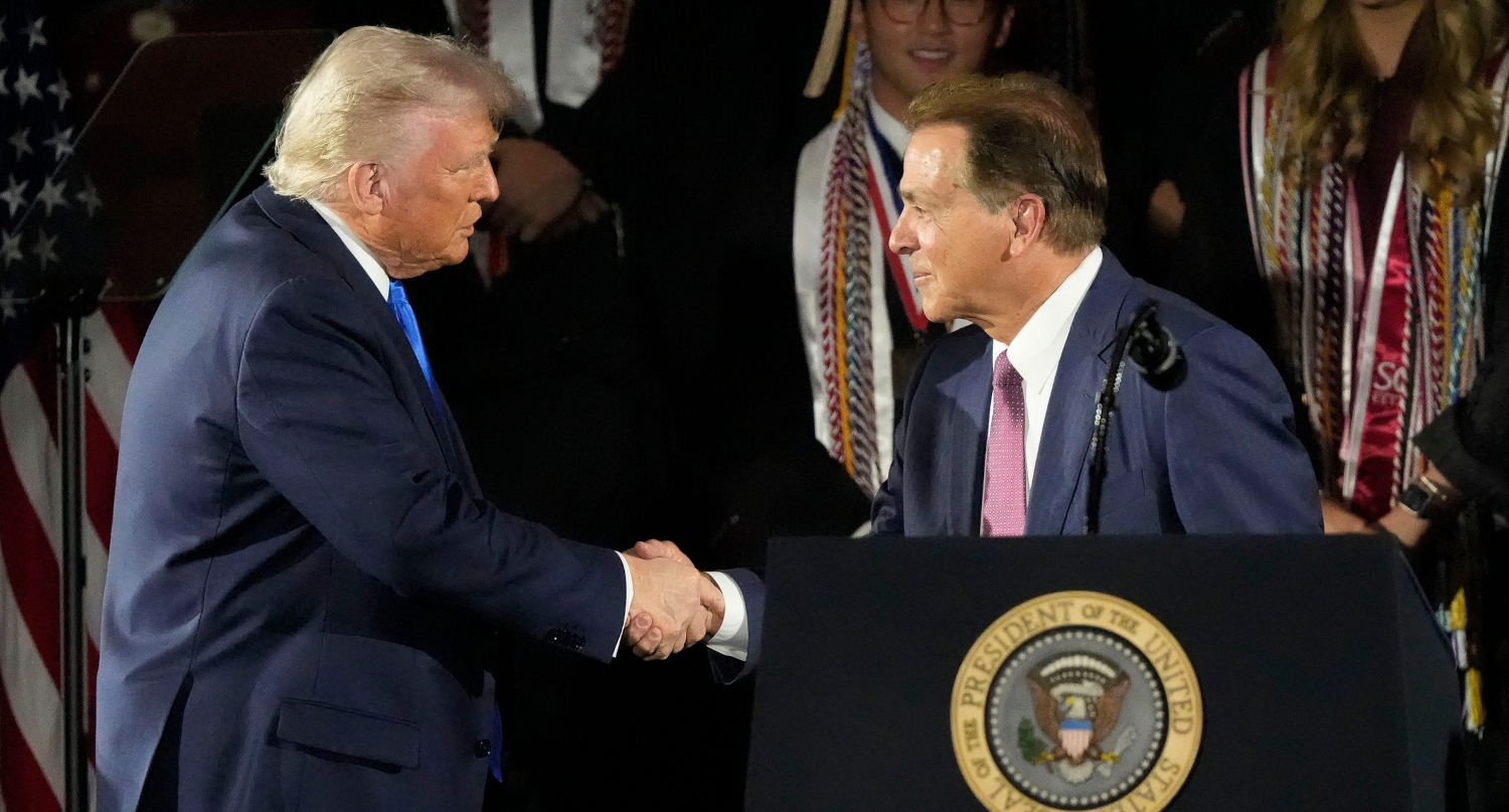 President Donald Trump and Nick Saban at a May 1, 2025 commencement at the University of Alabama.