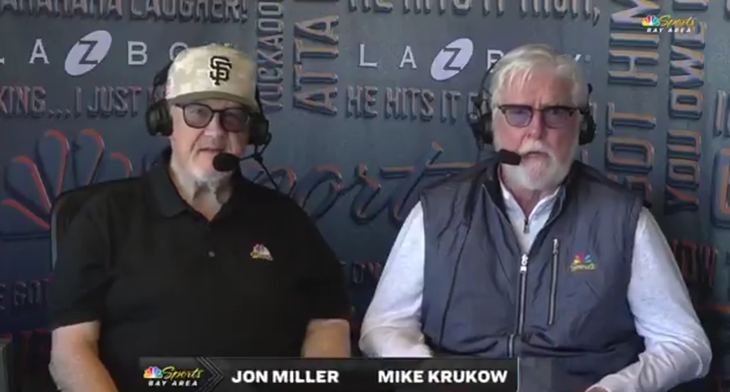 Jon Miller and Mike Krukow on NBC Sports Bay Area on May 18, 2025, around Krukow calling the A's "Oaklamento."